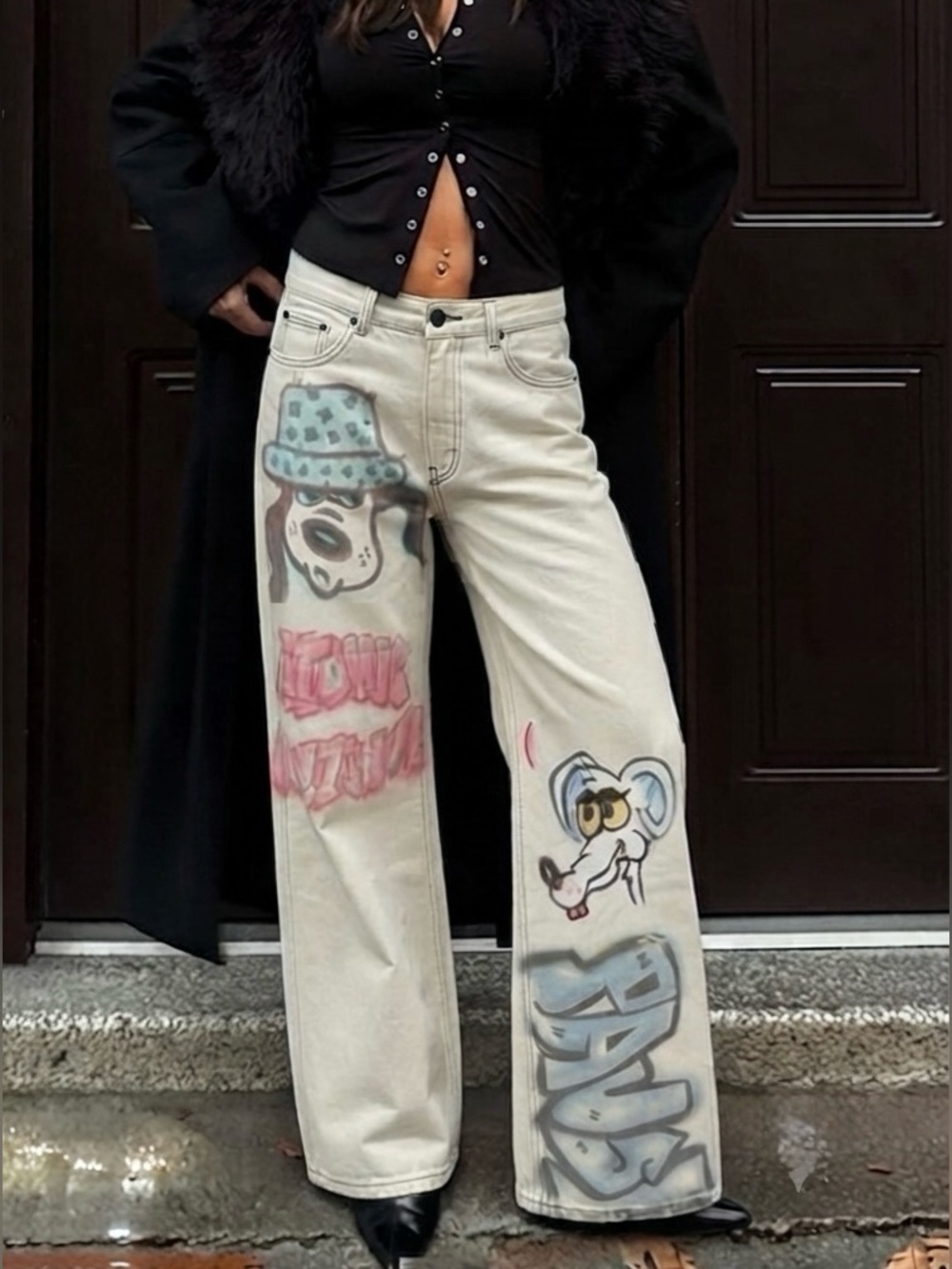 Rare Bershka 90s Wide Graffiti Denim Jeans NWT Size 36 US